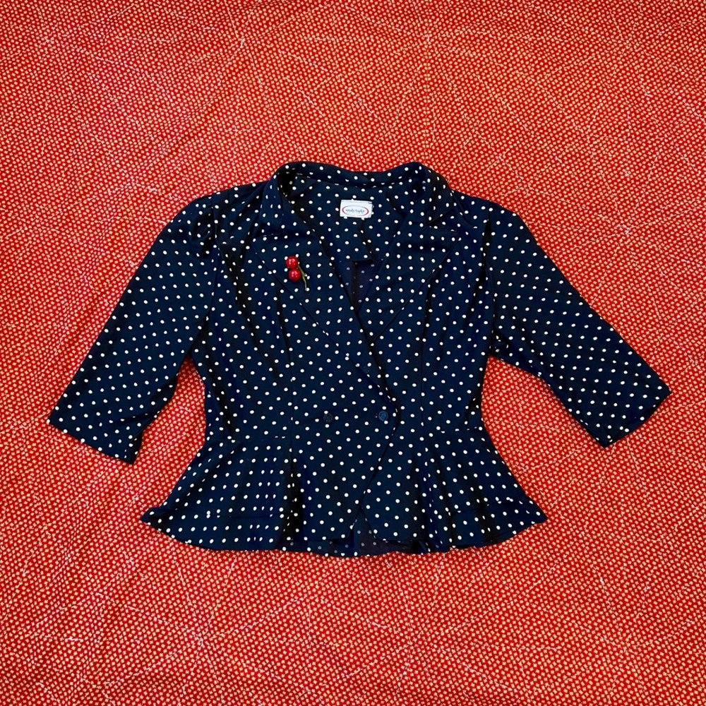 Emily Taylor Vintage 70s Polka Dot Peplum Blazer Navy Blue White Cherry Pin